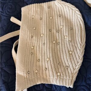 Anthropologie Cream Knit Hat with Pearl Accents